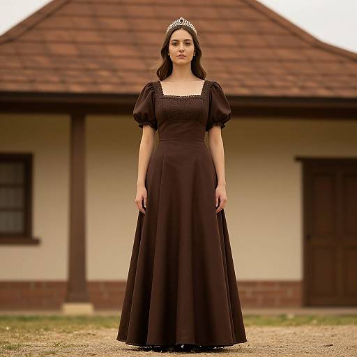 Photograph of a fair-skinned woman with dark brown hair, wearing a black, Victorian-style dress and silver tiara, standing in front of a