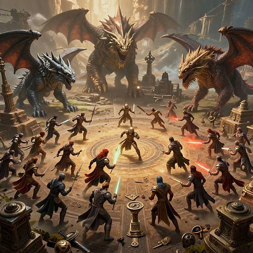 Epic fantasy battle: armored warriors with glowing swords face towering, winged dragons in a sunlit, ruined temple filled with ancient artifacts. Digital art
