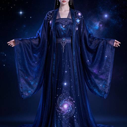 Photograph of a woman in a cosmic-themed, black gown with star and galaxy patterns, wide sleeves, and outstretched arms, against a star