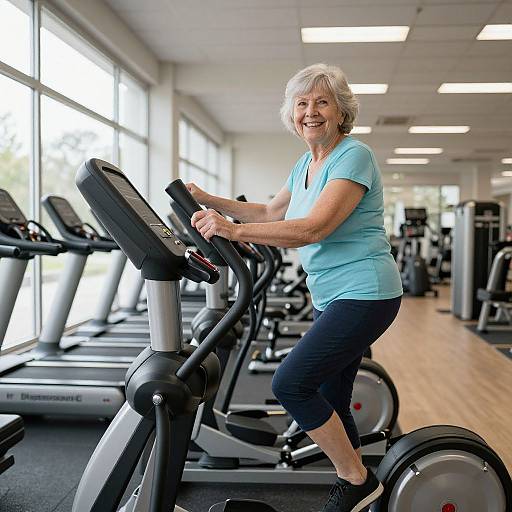 Photograph of smiling elderly white woman with short gray hair, wearing light blue shirt and black pants, exercising on treadmill in bright, modern gym.