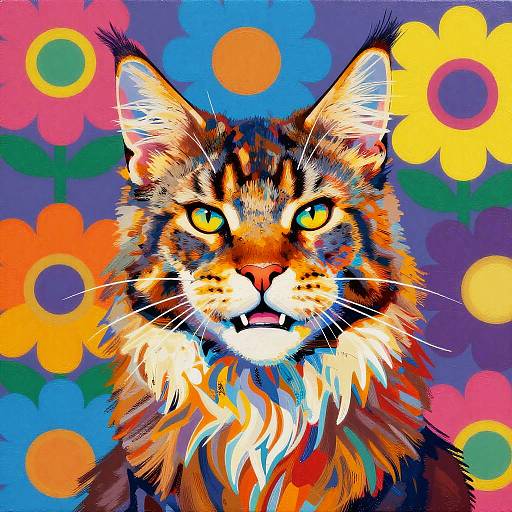 Vibrant digital painting of a fluffy, orange tabby cat with striking yellow eyes, set against a colorful, flower-patterned background.