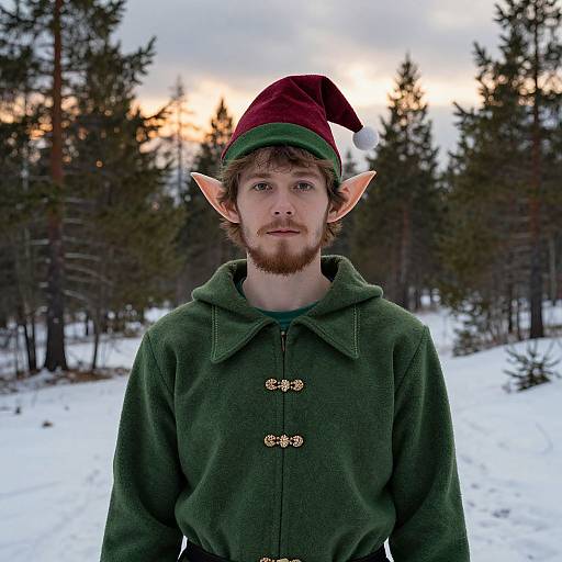 Photograph of a young man with elf ears, red hat, green hoodie, and beard, standing in a snowy forest at sunset.