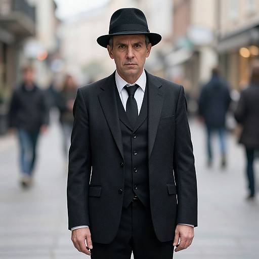 Photograph of a serious, Caucasian man in a black three-piece suit, white shirt, black tie, and black bowler hat, standing on a