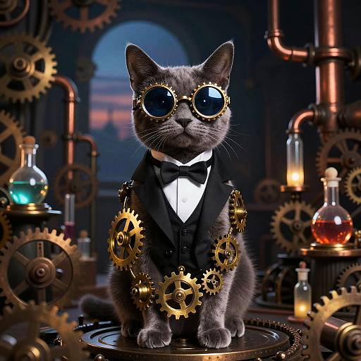Steampunk gray cat in a black tuxedo with gold gears and round goggles, surrounded by colorful glass bottles and copper pipes.