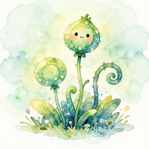 Whimsical Kawaii Watercolor Plant
