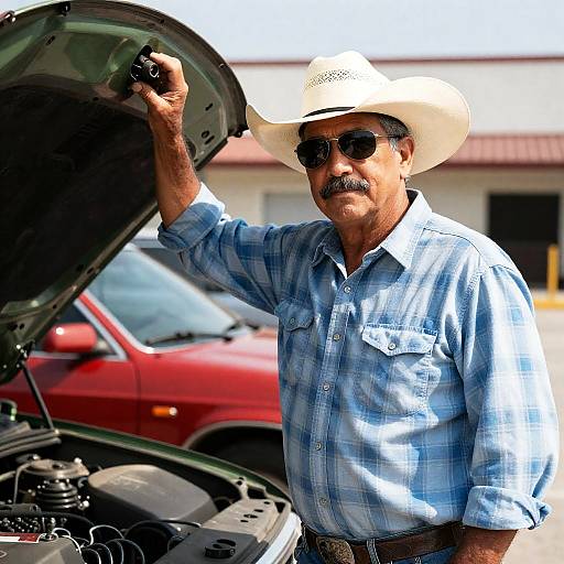 Sunlit Cowboy in Front of Cars