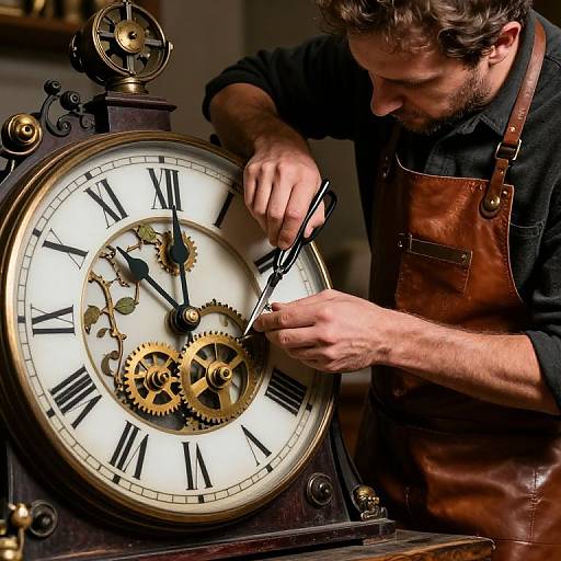 Photograph of a bearded man with curly hair, wearing a black shirt and brown leather apron, repairing an intricate, vintage clock with exposed brass