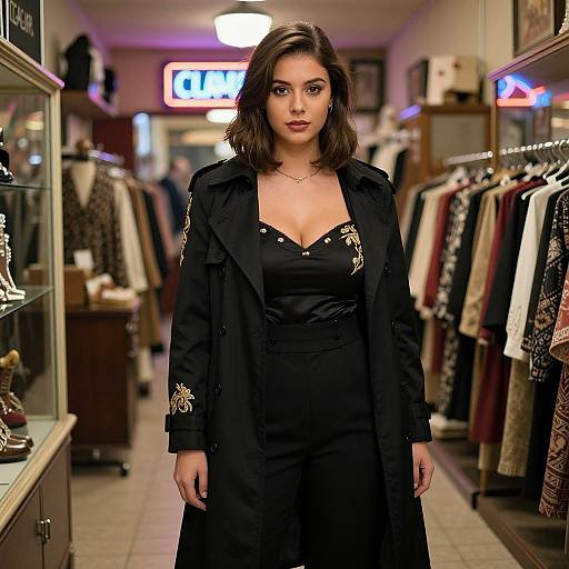 Photograph of a confident, dark-haired woman in a black dress and long coat, standing in a brightly lit, clothing store with neon signs and racks