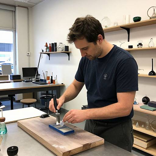 Photograph of a bearded man in a black shirt, sharpening a knife on a wooden block in a bright, modern workshop.