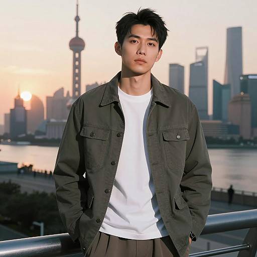 Trendy Man Against Urban Sunset Skyline