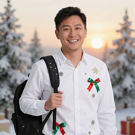 Photograph of smiling Asian man with short black hair, wearing white dress shirt adorned with snowflakes and green-red bows, carrying black backpack, standing