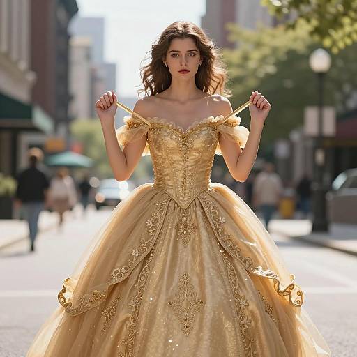 Young Woman in Golden Ball Gown on City Street
