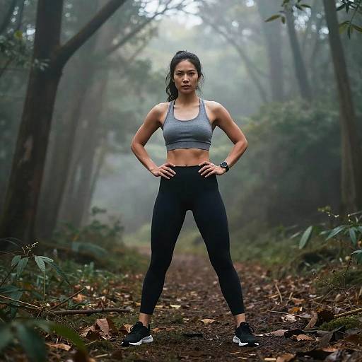 Empowered Woman in Foggy Forest