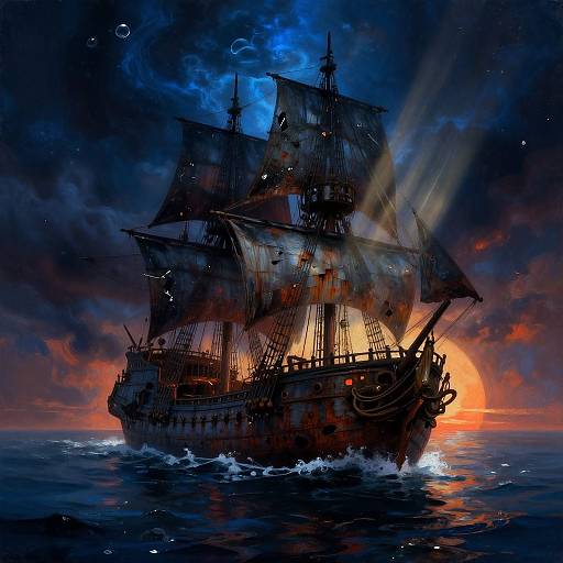 Digital painting of a silhouetted, glowing pirate ship navigating stormy waters at sunset, with dramatic blue, orange, and purple sky.