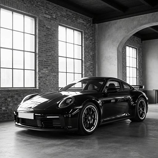 Black high-performance sports car with sleek design and glossy finish in a brick-walled, industrial-style room with large, bright windows.