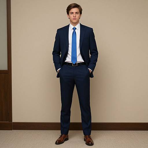 Photograph of a young man in a navy suit, white shirt, blue tie, brown shoes, standing with hands in pockets against a beige wall.