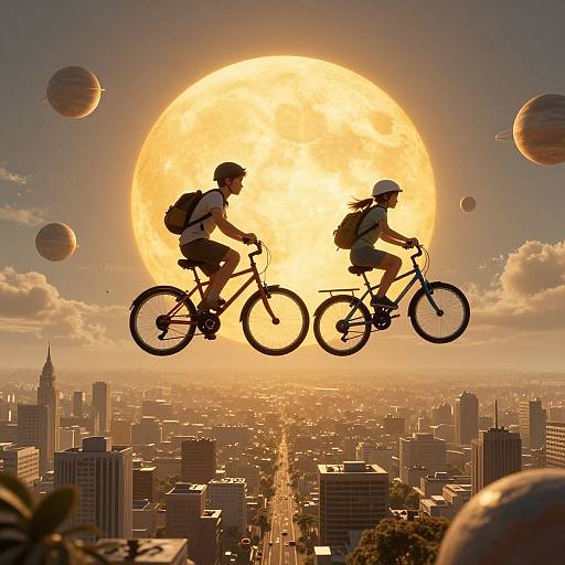 Photograph: Silhouetted children on bicycles flying against a giant sun, with planets and a cityscape below, creating a surreal, dreamlike