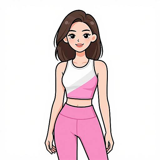 Digital anime-style drawing of a smiling young woman with brown hair, wearing a white sports bra and pink high-waisted leggings.