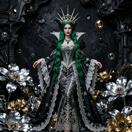 Digital fantasy artwork of a regal woman with green hair, wearing a black lace gown, crown, and surrounded by silver and gold flowers.