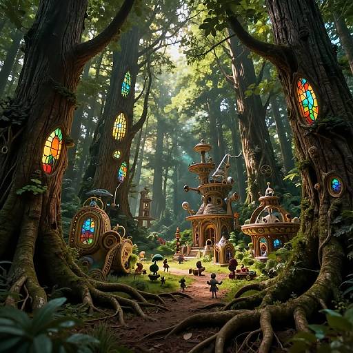 Fantastical forest scene with towering, stained-glass windowed trees, whimsical wooden houses, and tiny figures exploring a sunlit, enchanted woodland