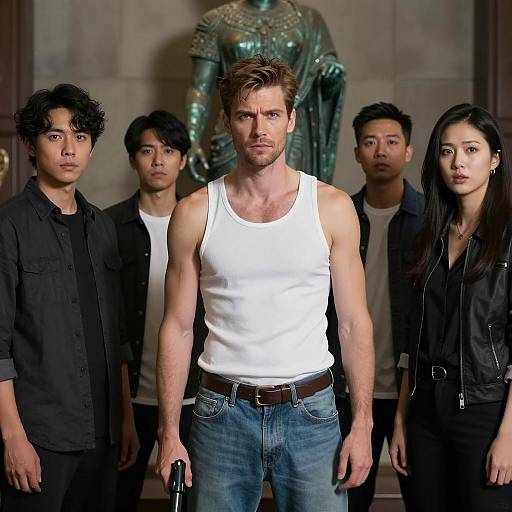 Group Standing in Dimly Lit Room with Central Man Holding Gun