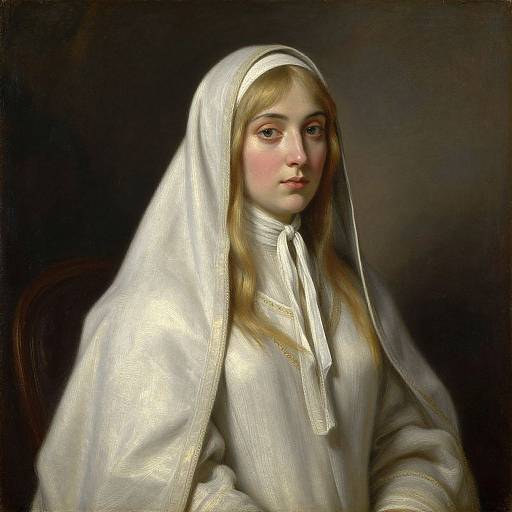 Baroque-style oil painting of a young, fair-skinned girl with long blonde hair, wearing a white veil and embroidered garment, seated against a dark