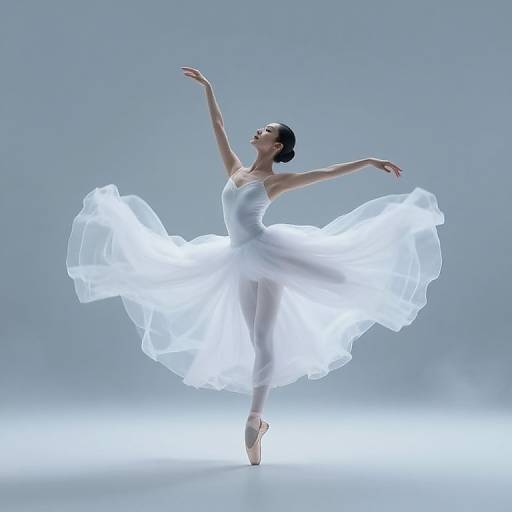 Photograph of a graceful ballerina in a flowing white tutu, poised on pointe, arms elegantly extended, against a soft, mist