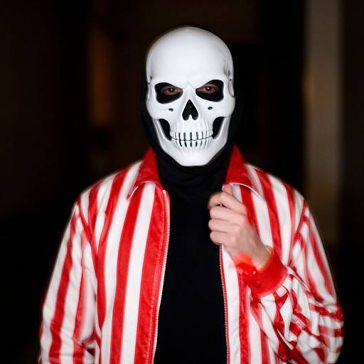 Photograph of a person wearing a white skull mask with black eye sockets, red and white striped jacket, and black turtleneck, against a dark