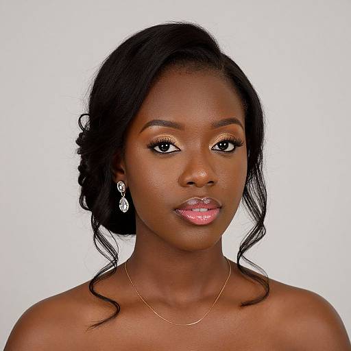 Photograph of a beautiful African-American woman with dark skin, glossy pink lips, gold eyeshadow, black wavy hair in a bun, wearing
