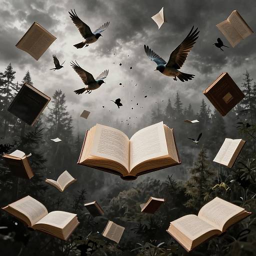 Floating Books Forest Beneath Ink Sky