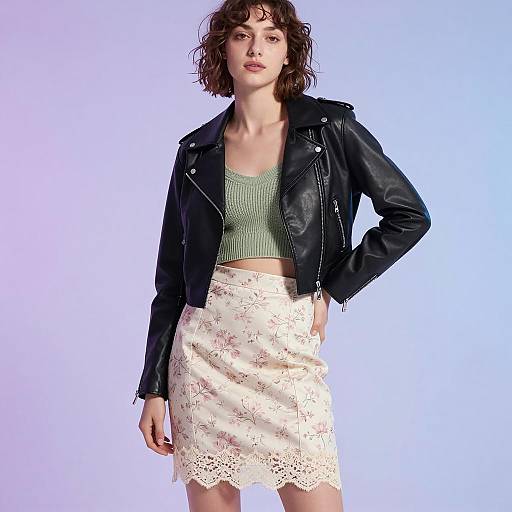 Woman in Cropped Leather Jacket and Floral Skirt