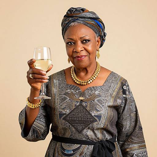 Photograph of an elegant, dark-skinned elderly African woman in a patterned grey dress and headwrap, holding a glass of white wine, adorned