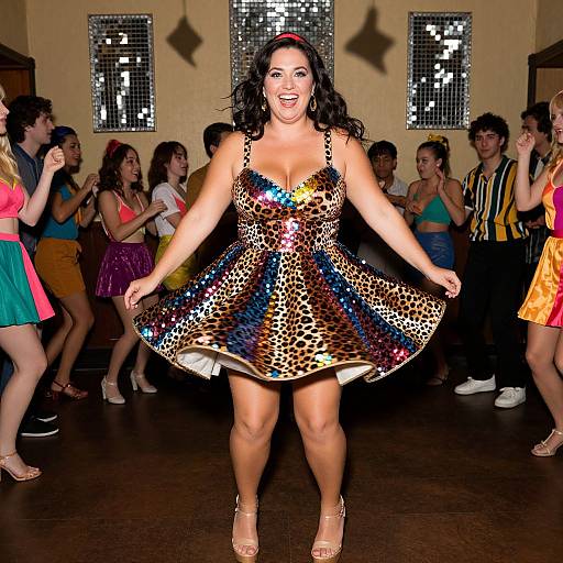 Photograph of a smiling woman with dark hair in a colorful leopard-print dress, dancing center stage, surrounded by cheering partygoers in vibrant outfits,