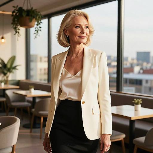Photograph of an elegant older woman with blonde hair, wearing a white blazer and black skirt, standing in a sunlit modern cafe with large windows