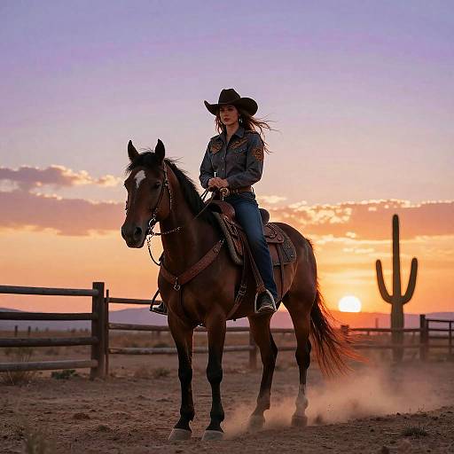 Cowgirl Riding Horse at Sunset in Desert