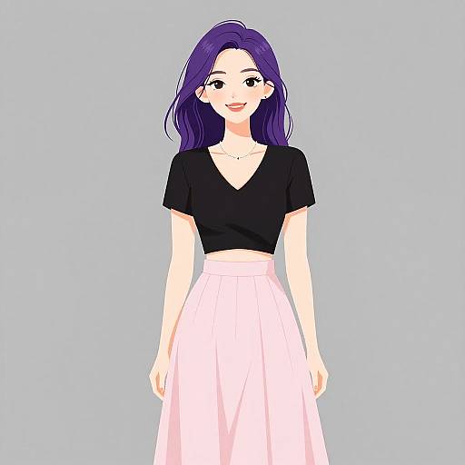 Digital anime-style drawing of a smiling woman with purple hair, wearing a black V-neck top and white high-waisted skirt.