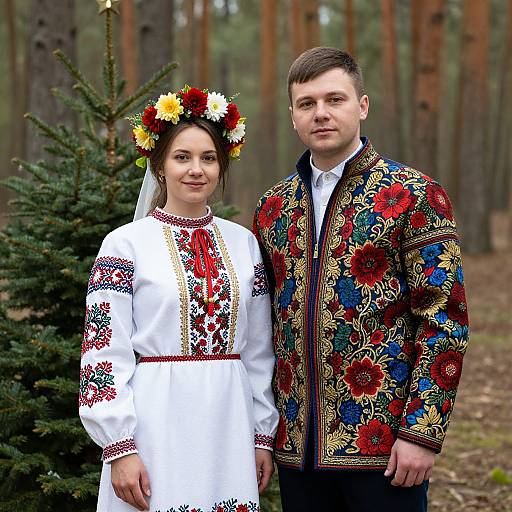 Photograph of a couple in traditional folk clothing; woman in white embroidered dress with floral headpiece, man in colorful embroidered jacket, standing in forest with