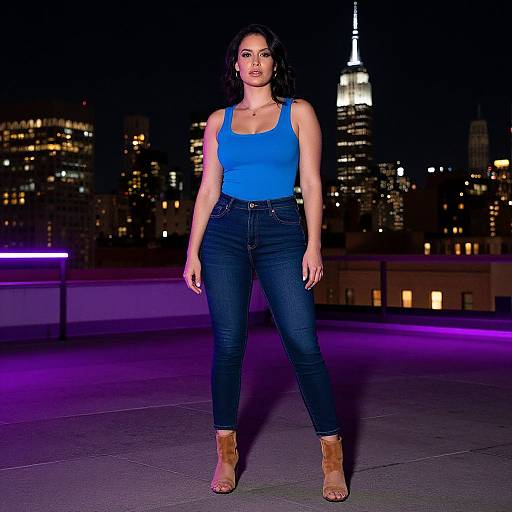 Photograph of a confident woman in a blue tank top, dark jeans, and tan ankle boots, standing on a rooftop at night with the Empire State