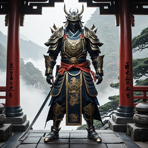 Ornate Samurai in Traditional Armor at Mountain Temple