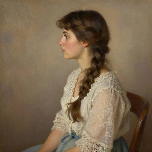 Photograph of a young woman with fair skin and long brown braided hair, wearing a white lace blouse and blue skirt, sitting in profile against a