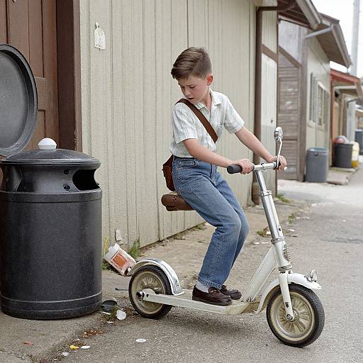 Photograph of a young boy with short brown hair, wearing a white shirt, blue jeans, and brown backpack, riding a white scooter down a suburban
