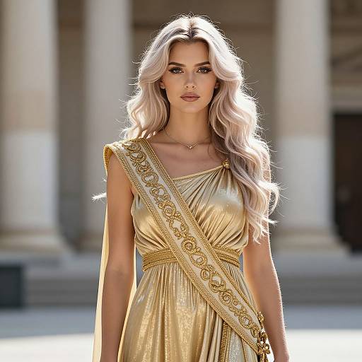 Photograph of a blonde woman with long, wavy hair in a golden, one-shoulder dress with ornate gold sash, standing in