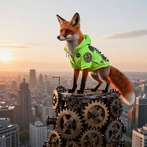 Photograph of a red fox in a neon green jacket with gears, standing on a steampunk gear tower above a cityscape at sunset.