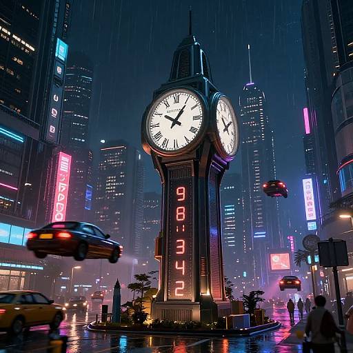 Cyberpunk Digital Clock Tower Scene