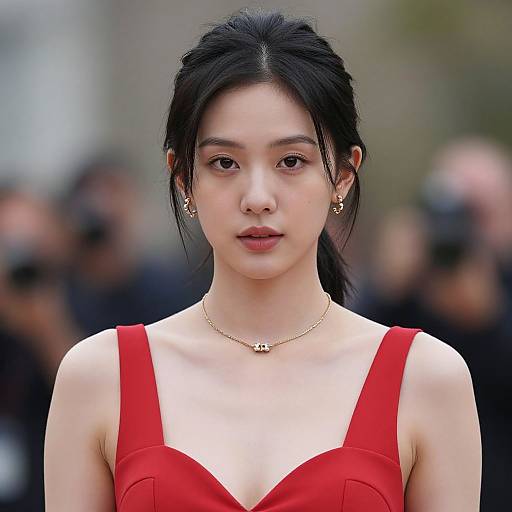 Photograph of an Asian woman with fair skin, black hair in a ponytail, wearing a red dress, gold necklace, and star earrings, standing