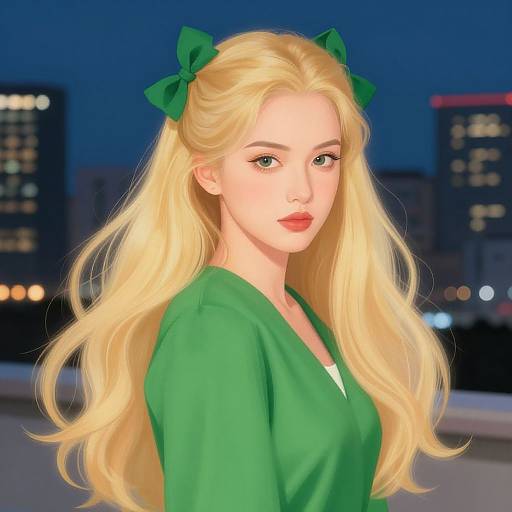 Blonde Woman in Green Against Cityscape