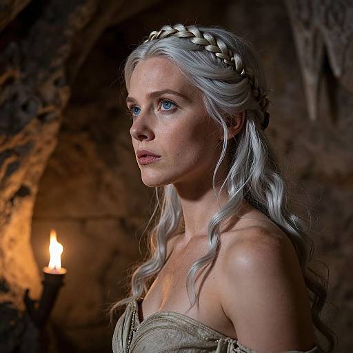 Photograph of a pale-skinned, blue-eyed woman with long, wavy silver hair, braided crown, and strapless beige dress, illuminated