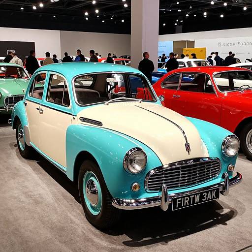 Photograph of a turquoise and white classic car with chrome details, displayed at a car show with a red car in the background and people milling about.