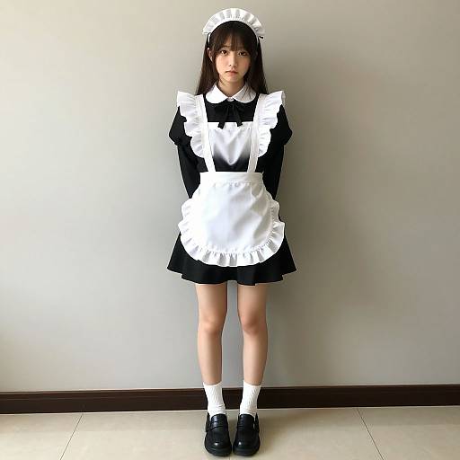 Photograph of an Asian woman in a black and white French maid outfit, standing against a plain gray wall, wearing black shoes and white socks.