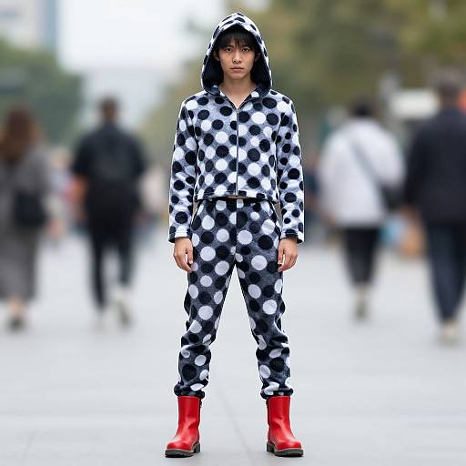 Photograph of a young boy in a black-and-white polka dot hooded onesie and red boots, standing in a blurred urban street.